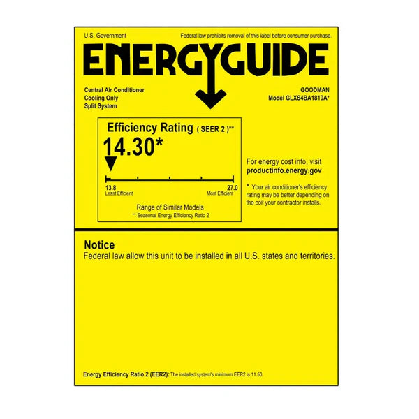 Nationwide Energy Guide 14.3 SEER2 GLZS4BA2410 CAPTA3022B3 GD9T960403BN