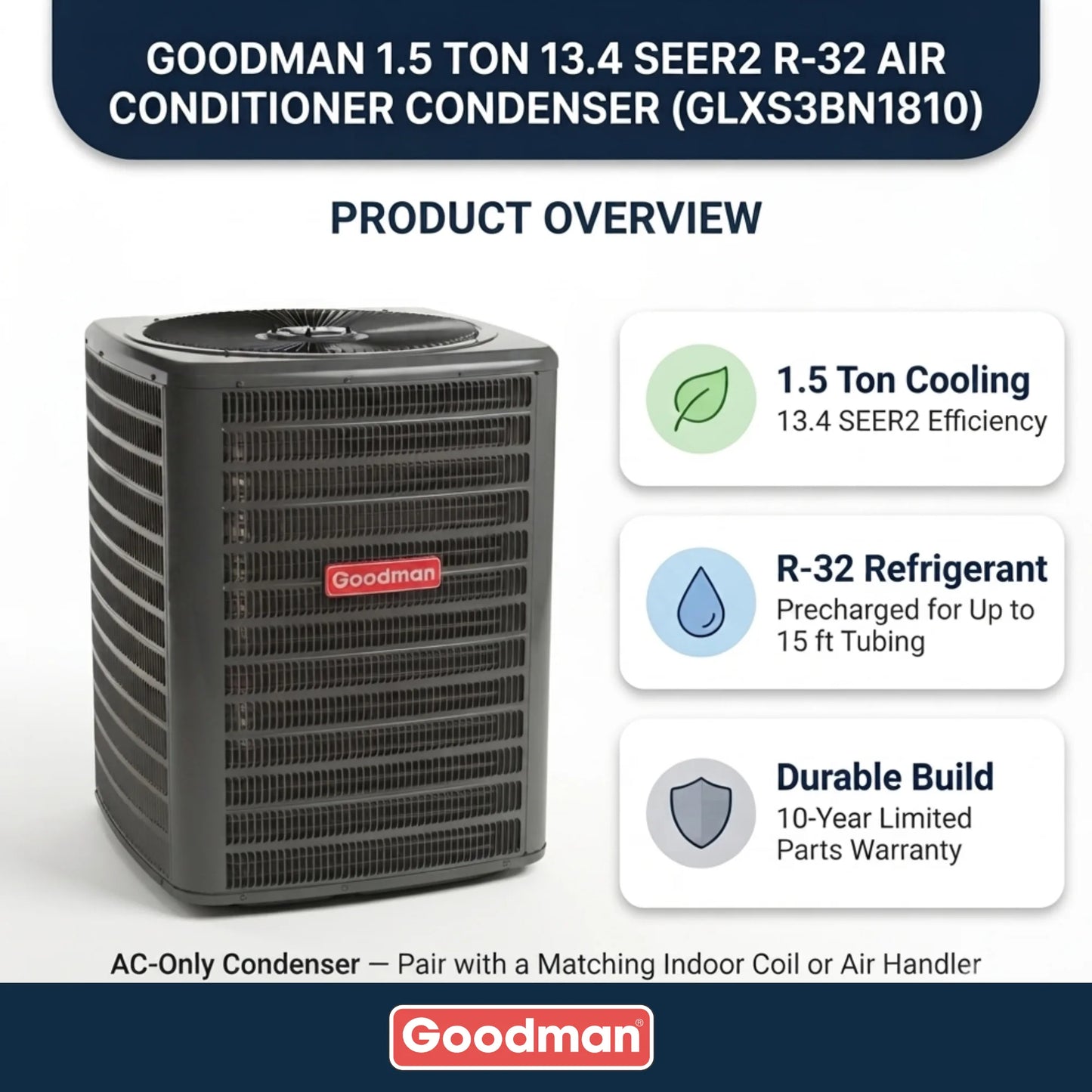 Goodman 1.5 Ton 13.4 SEER2 R-32 Air Conditioner Condenser