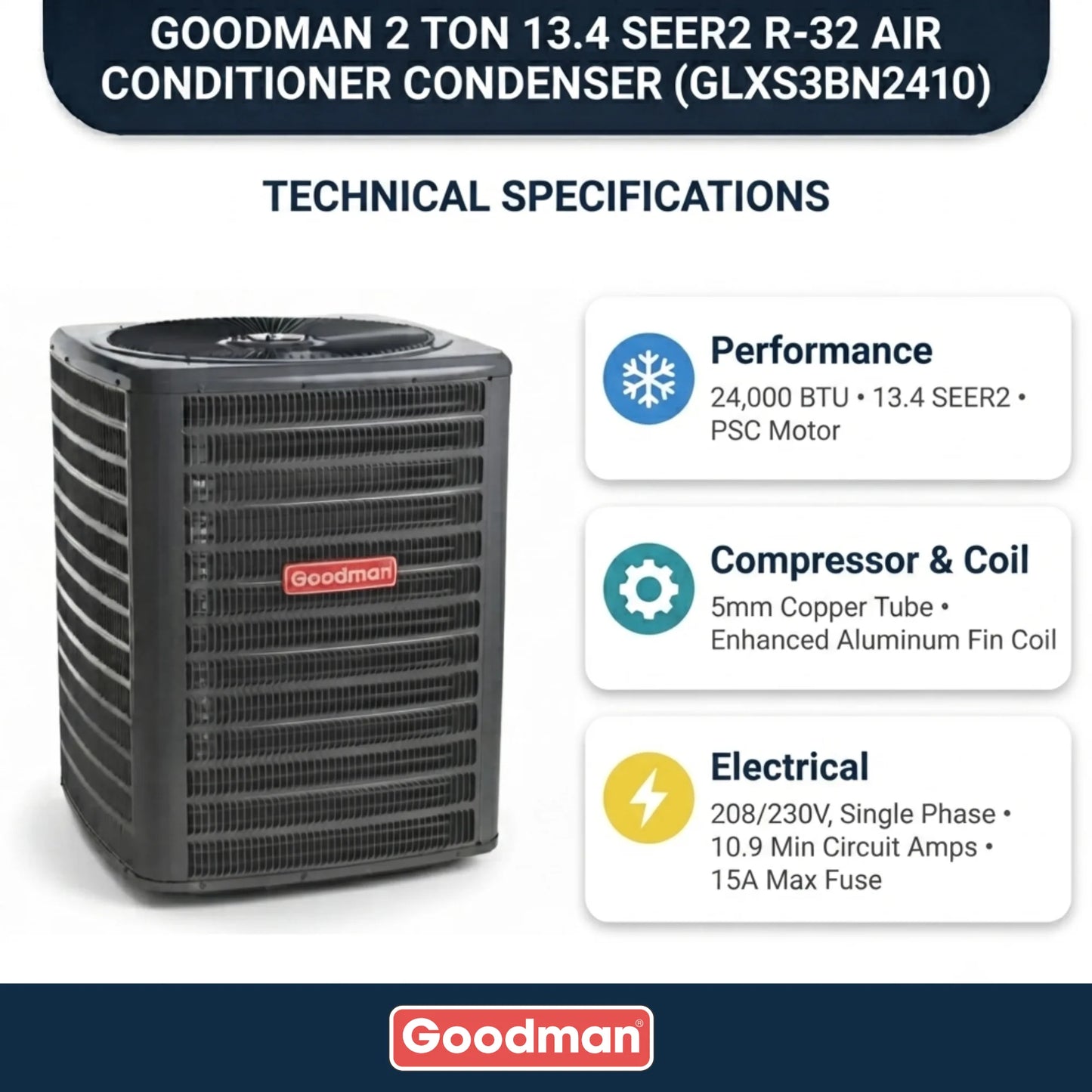 Goodman 2 Ton 13.4 SEER2 R-32 Air Conditioner Condenser