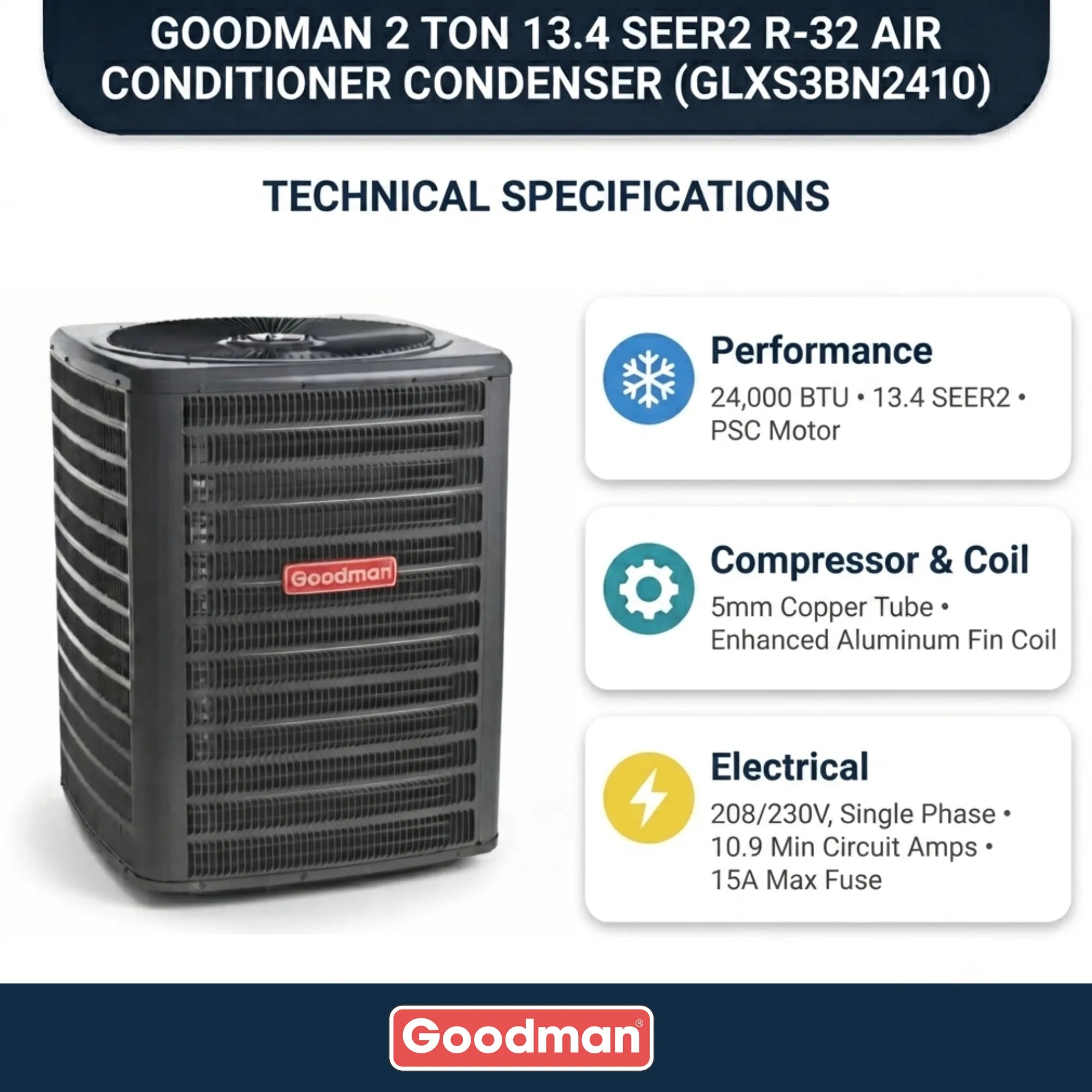 Goodman 2 Ton 13.4 SEER2 R-32 Air Conditioner Condenser
