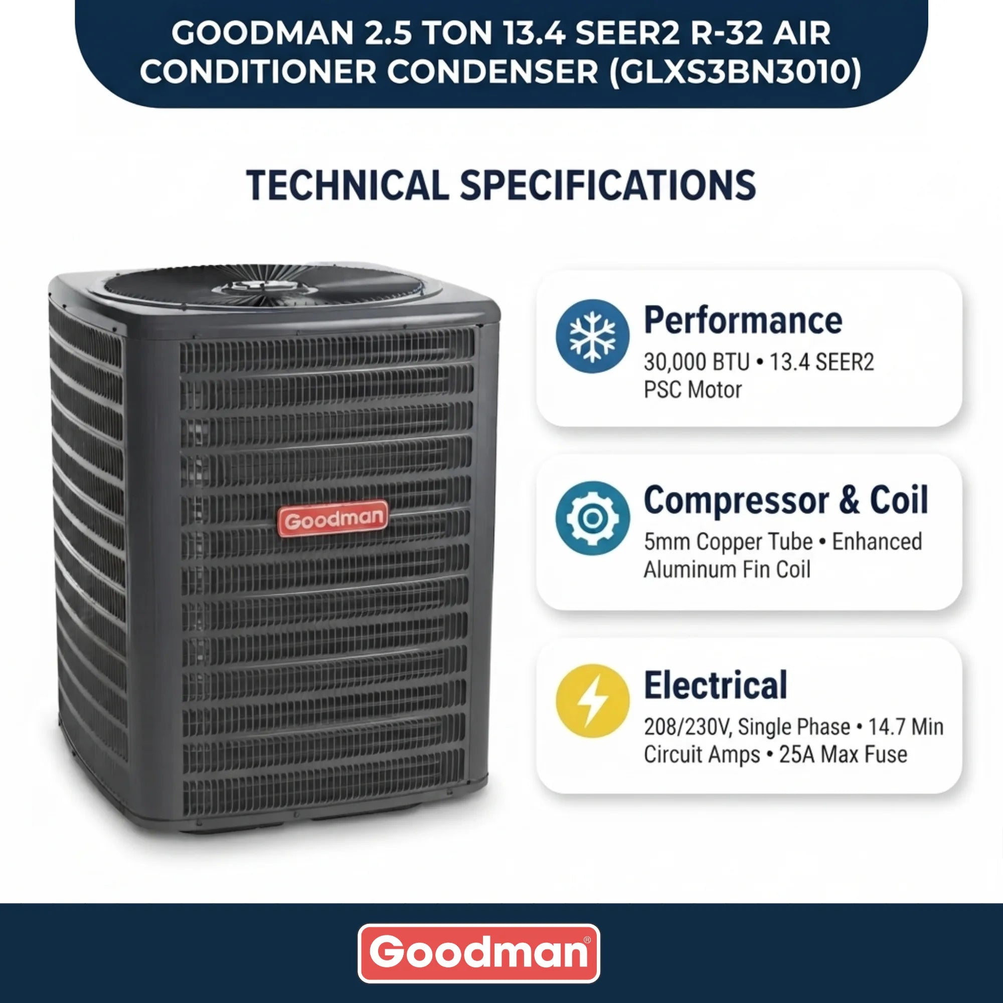 Goodman 2.5 Ton 13.4 SEER2 R-32 Air Conditioner Condenser
