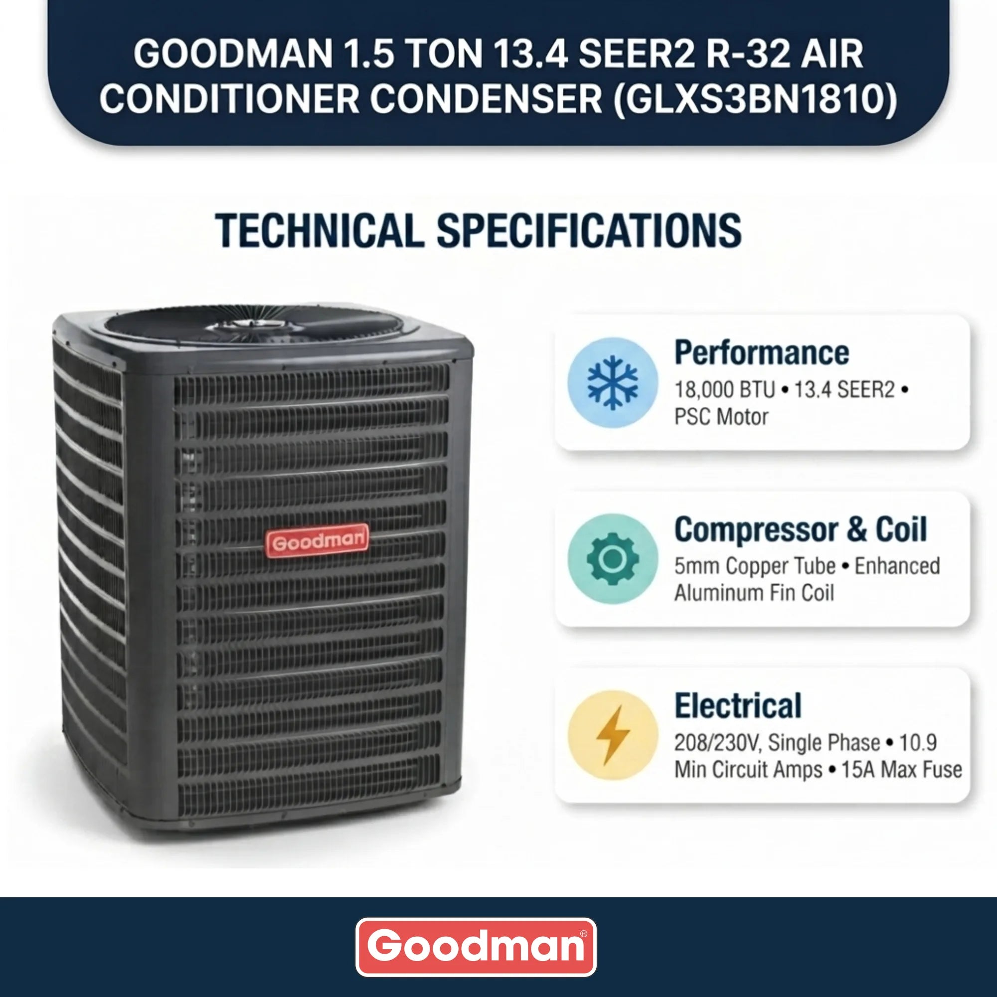 Goodman 1.5 Ton 13.4 SEER2 R-32 Air Conditioner Condenser