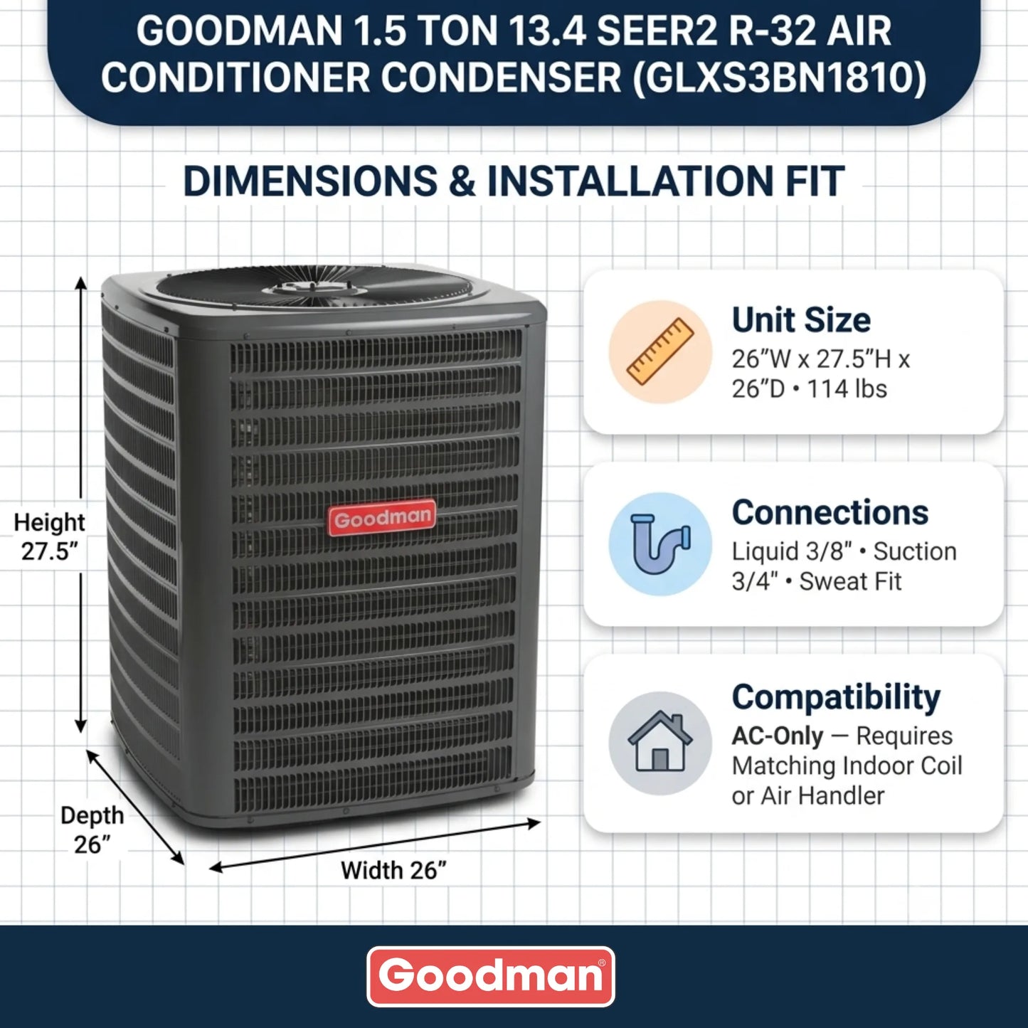 Goodman 1.5 Ton 13.4 SEER2 R-32 Air Conditioner Condenser