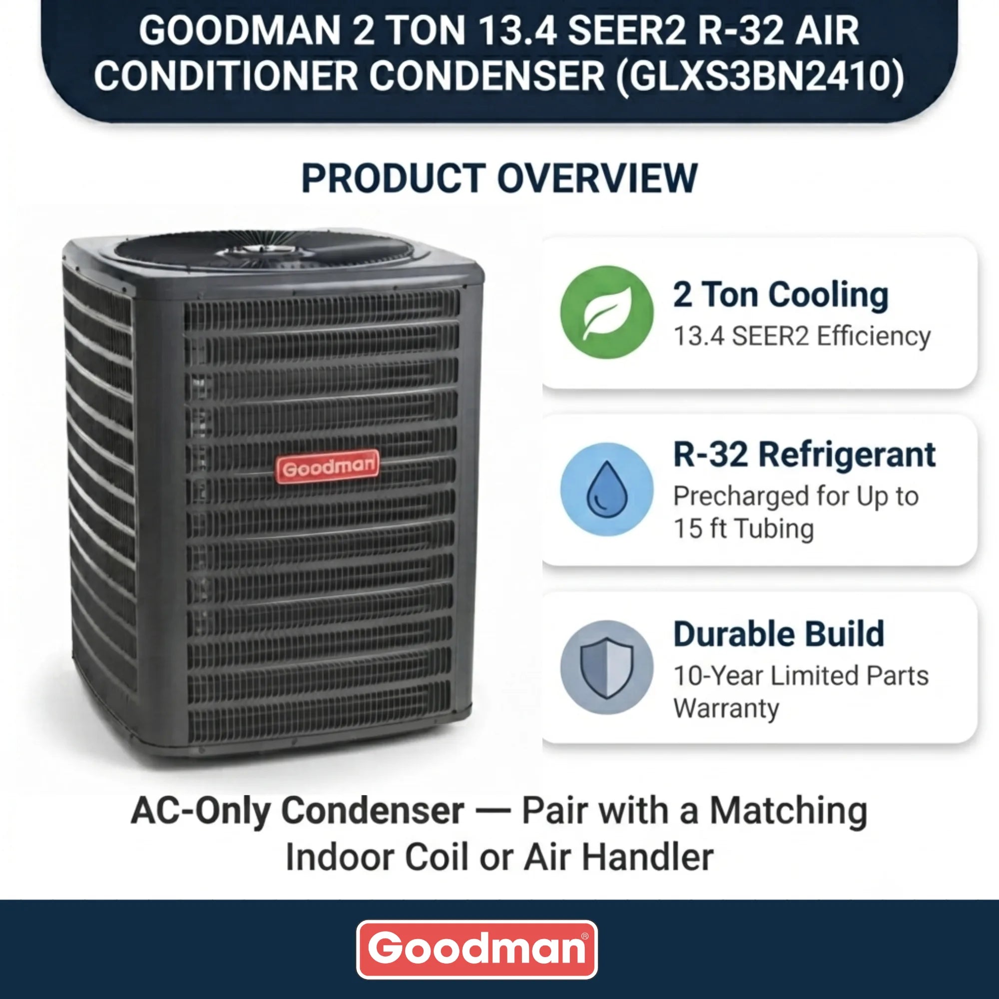 Goodman 2 Ton 13.4 SEER2 R-32 Air Conditioner Condenser