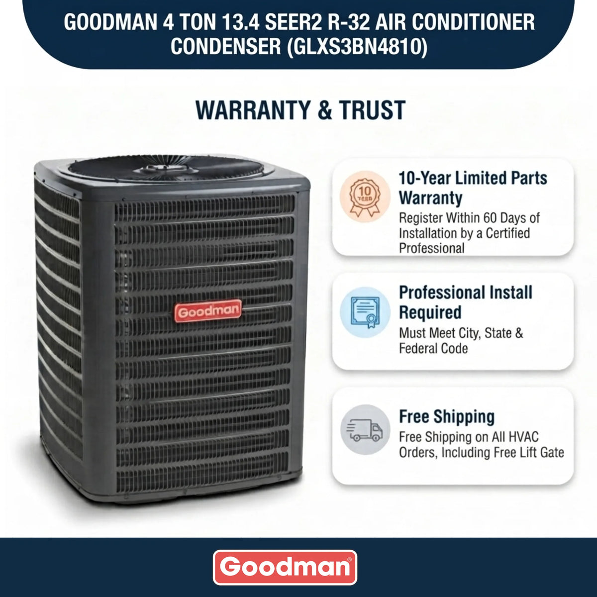 Goodman 4 Ton AC Condenser Unit 13.4 SEER2, R32