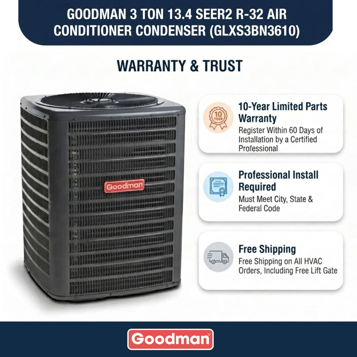 Goodman 3 Ton AC Condenser Unit 13.4 SEER2, R32