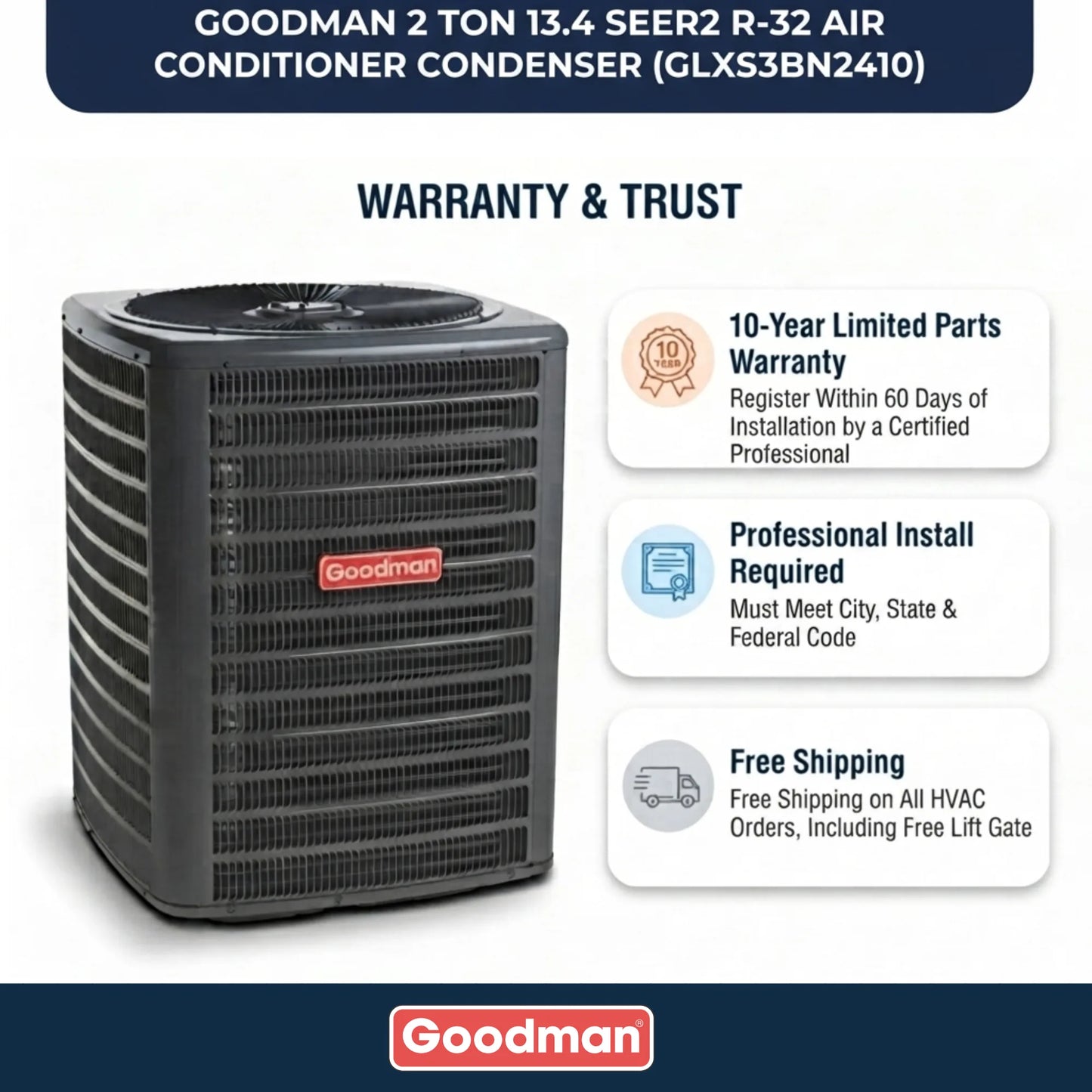 Goodman 2 Ton 13.4 SEER2 R-32 Air Conditioner Condenser