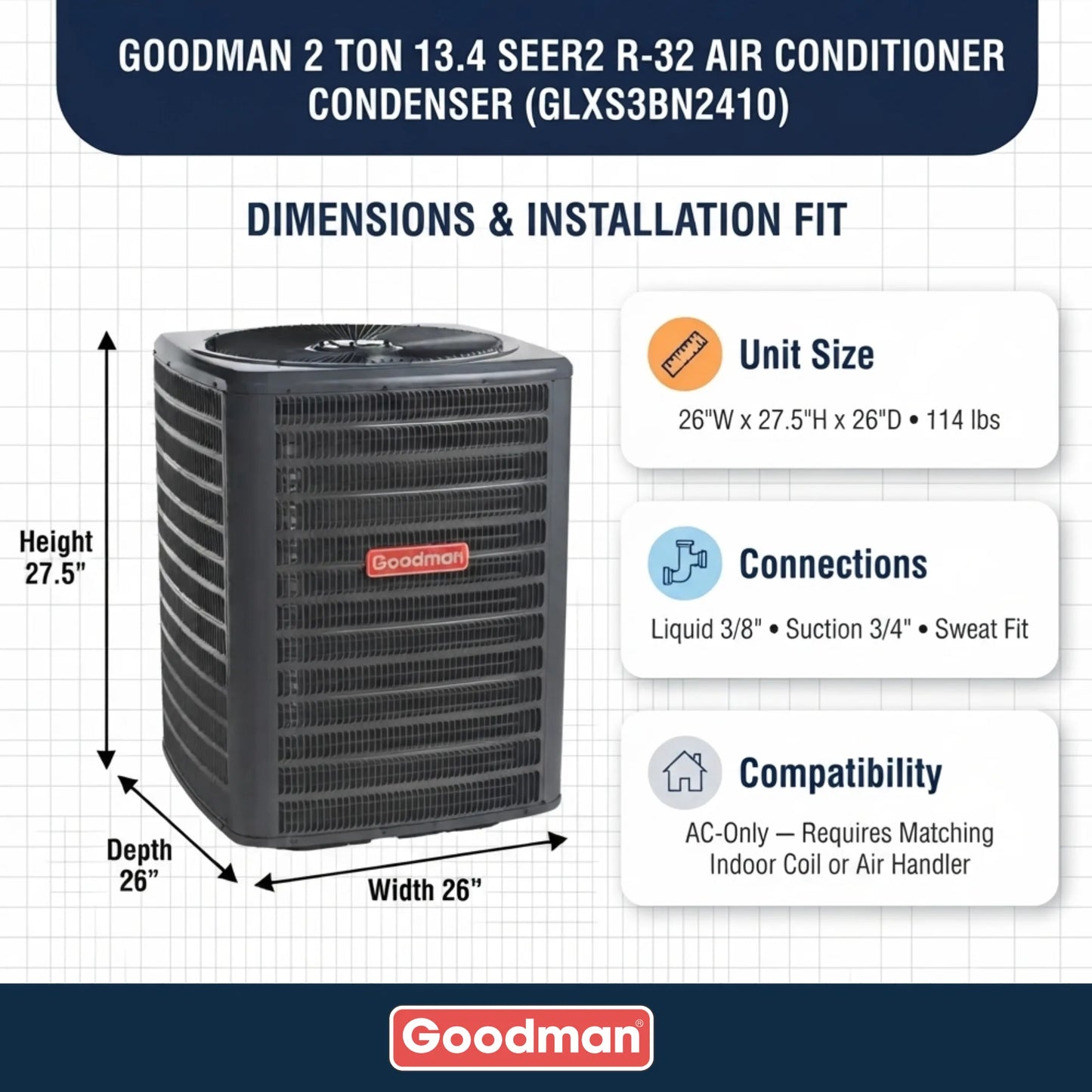 Goodman 2 Ton 13.4 SEER2 R-32 Air Conditioner Condenser
