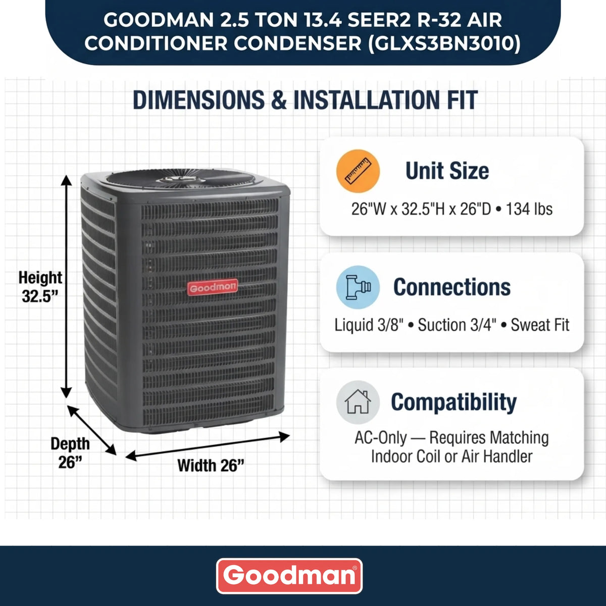 Goodman 2.5 Ton 13.4 SEER2 R-32 Air Conditioner Condenser