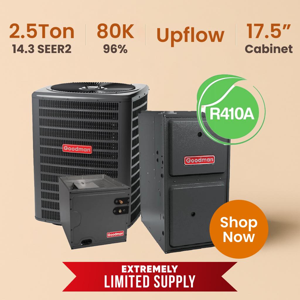 Goodman 2.5 Ton 14.3 SEER2 96% AFUE 80,000 BTU Gas Furnace & Air Conditioner System -  Upflow - 410A