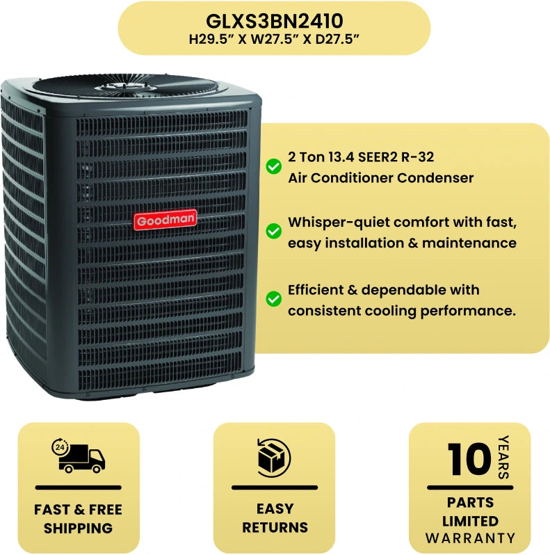 Goodman 2 Ton 13.4 SEER2 R32 Air Conditioner & 17.5" Horizontal Cased Coil