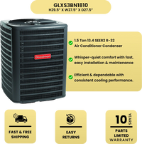 Goodman 1.5 Ton 13.4 SEER2 AC GLXS3BN1810 with key benefits on a yellow background.