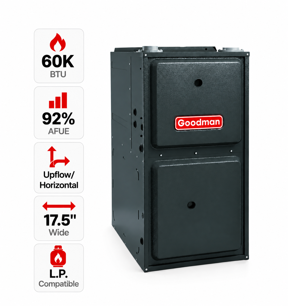 Goodman 60,000 BTU Gas Furnace 92% AFUE Single-Stage, 17.5" Wide, Upflow/Horizontal