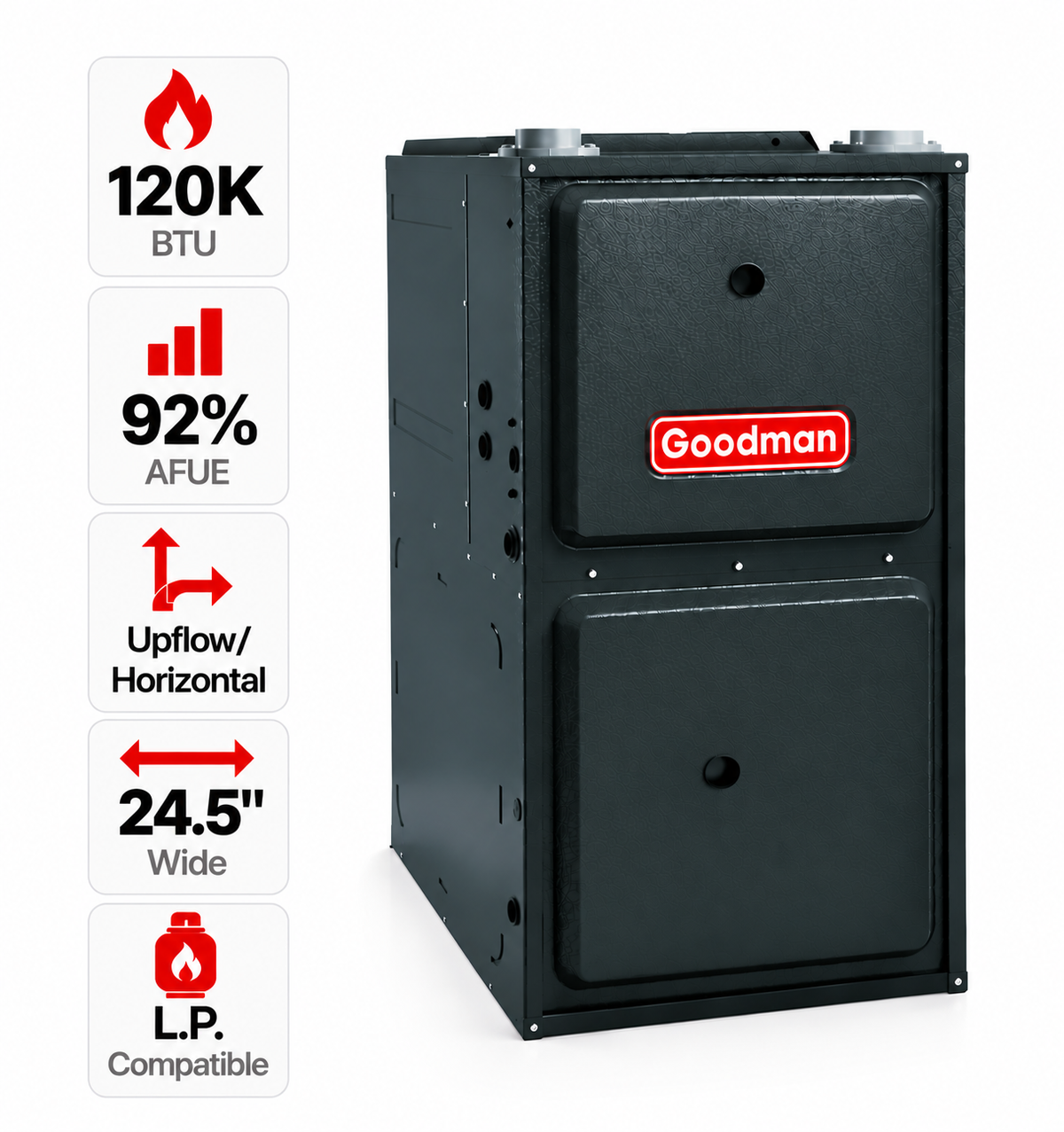 Goodman 120,000 BTU Gas Furnace 92% AFUE Single-Stage, 24.5" Wide, Upflow/Horizontal