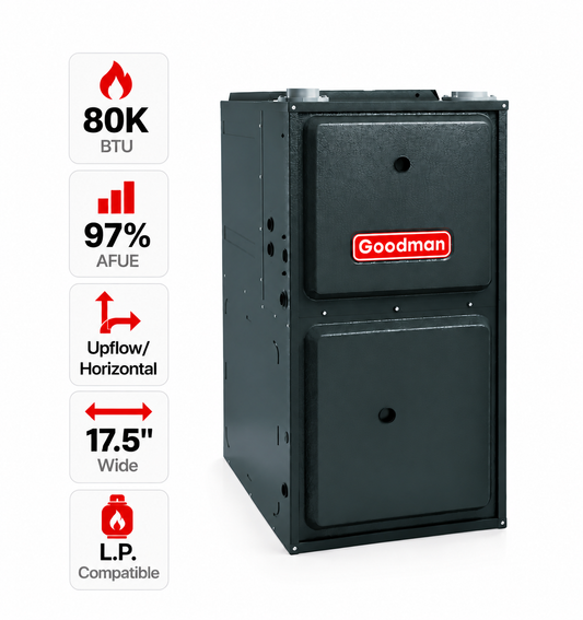 Goodman 80,000 BTU Gas Furnace 97% AFUE Modulating Variable Speed, 17.5 Wide, Upflow/Horizontal