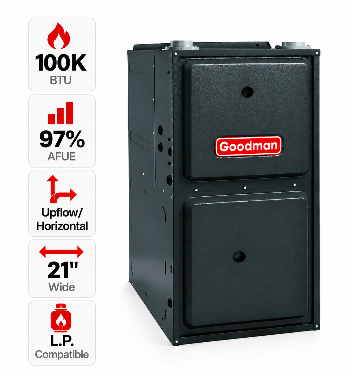 Goodman 100,000 BTU Gas Furnace 97% Modulating Variable Speed, 21" Wide, Upflow/Horizontal