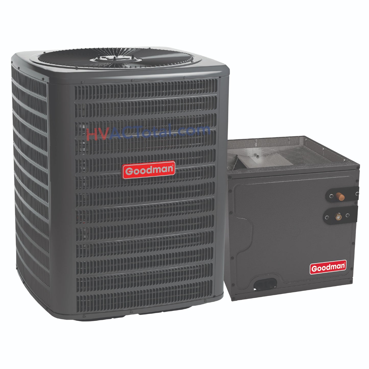 Goodman 1.5 Ton 13.4 SEER2 Air Conditioner with a 14-inch wide vertical cased coil system, using R32 refrigerant for efficient residential cooling. Available at hvactotal.com.