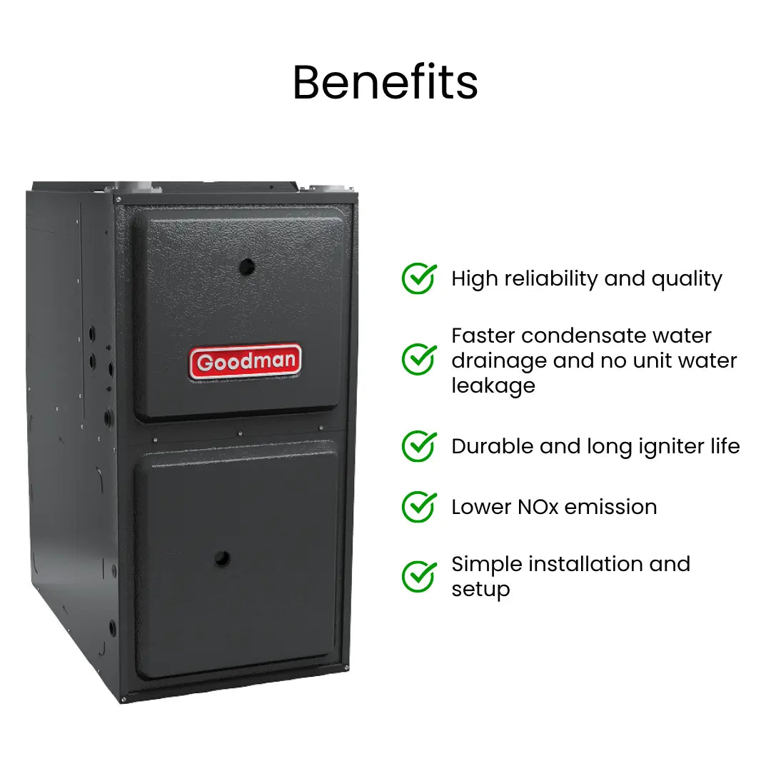 Goodman 100,000 BTU 92% AFUE Single Stage Gas Furnace – Upflow-Horizontal, 21″ Wide GR9S921005CN Benefits