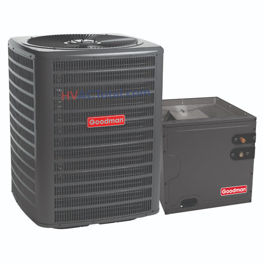 Goodman 2.5 Ton 13.4 SEER2 Air Conditioner with a 17.5-inch wide vertical cased coil system, using R32 refrigerant for efficient residential cooling. Available at hvactotal.com.