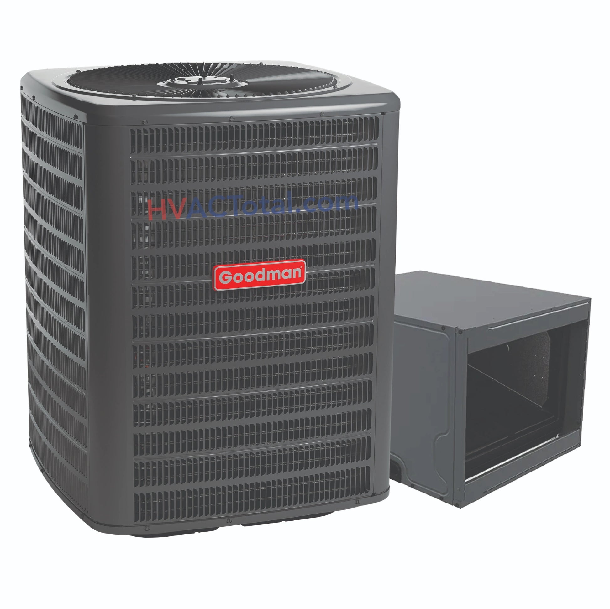 Goodman 2 Ton 13.4 SEER2 Air Conditioner with a 17.5-inch wide horizontal cased coil system, using R32 refrigerant for efficient residential cooling. Available at hvactotal.com.