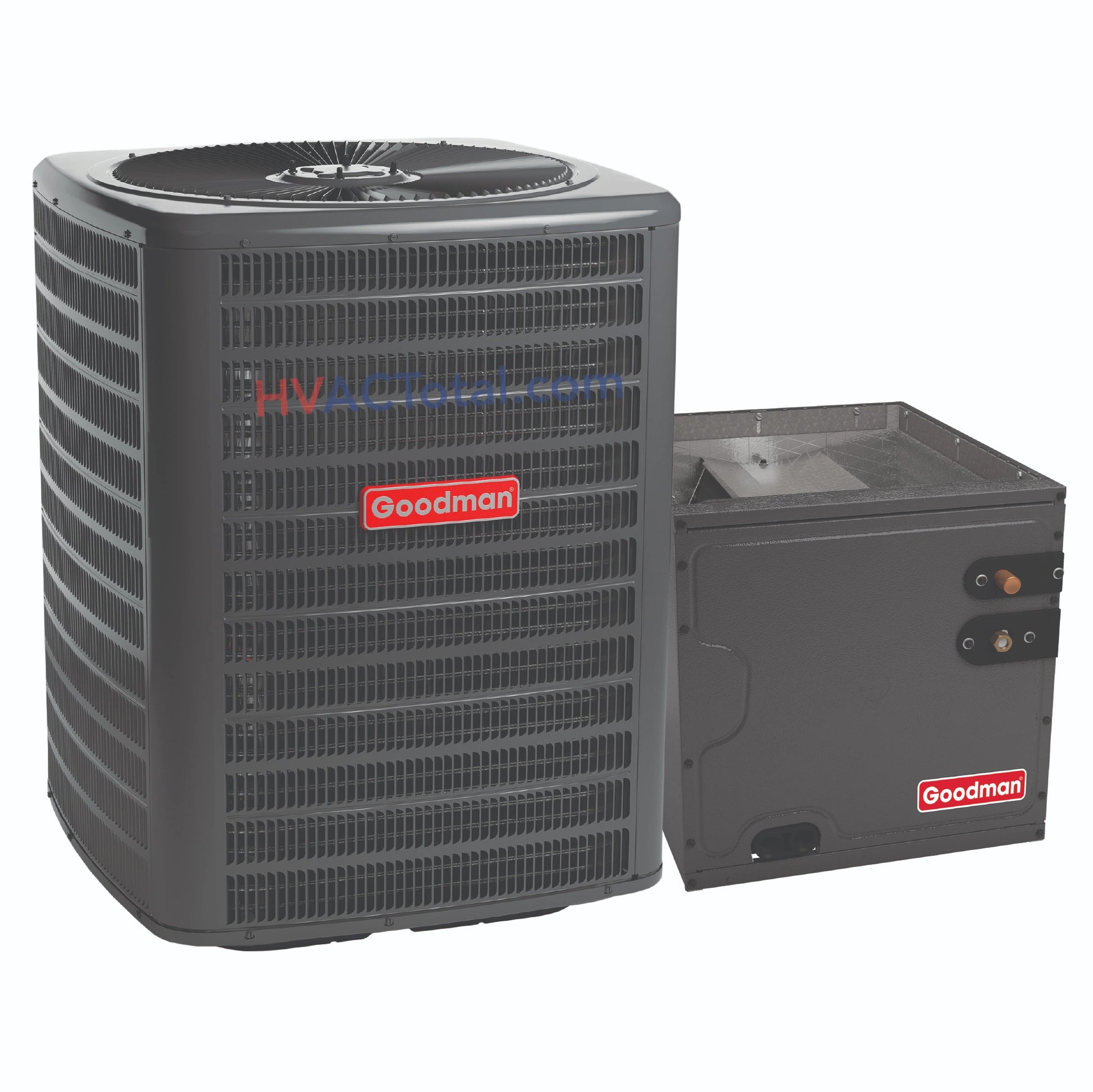 Goodman 2 Ton 14.3 SEER2 Air Conditioner paired with a 14-inch wide vertical cased coil system, using R32 refrigerant. Designed for efficient residential cooling.