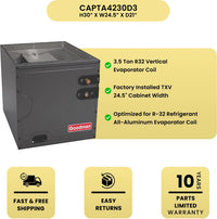 Goodman 3.5 Ton R32 Vertical Evaporator Coil with key benefits on a yellow background.