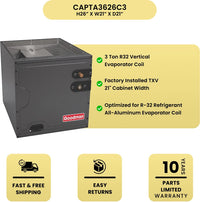 Goodman 3 Ton R32 Vertical Evaporator Coil with key benefits on a yellow background.