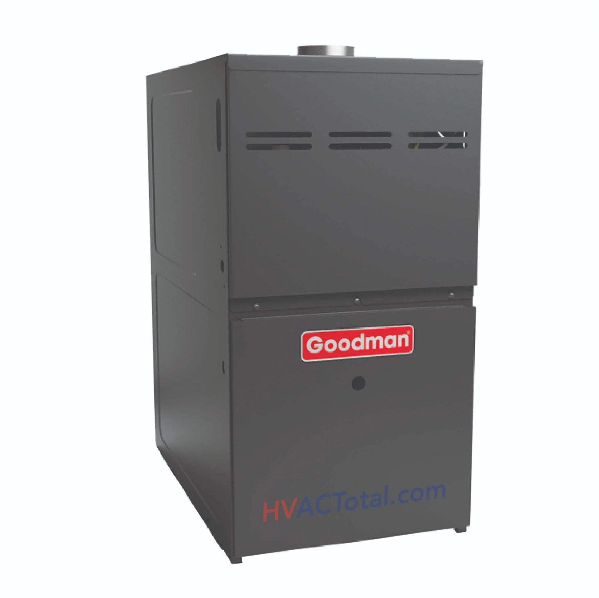 Front side view. Goodman 60,000 BTU 80% efficiency gas furnace, upflow/horizontal, 17.5-inch wide, model GM9S800604BN.