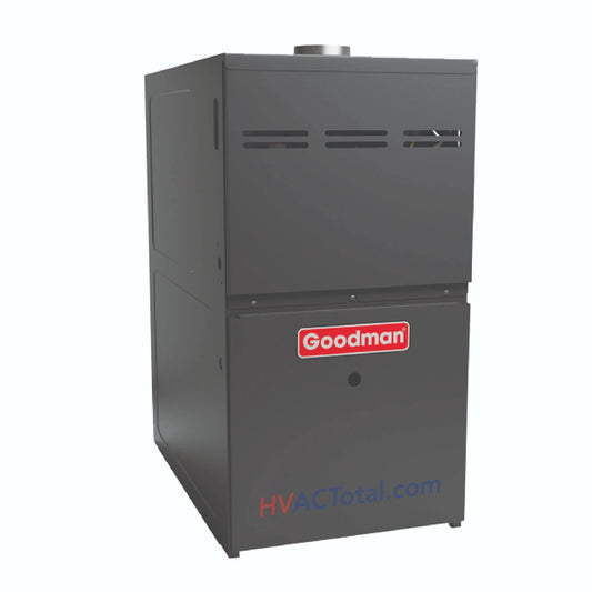 Goodman 80,000 BTU 80% efficiency single-stage gas furnace, downflow/horizontal, 17.5-inch wide, model GC9S800804BN, with a multi-speed blower and self-diagnostic control