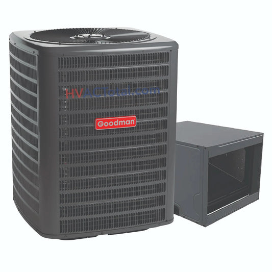 Goodman 1.5 Ton 14.3 SEER2 Air Conditioner with a 17.5-inch wide horizontal cased coil system, utilizing R32 refrigerant for efficient residential cooling.