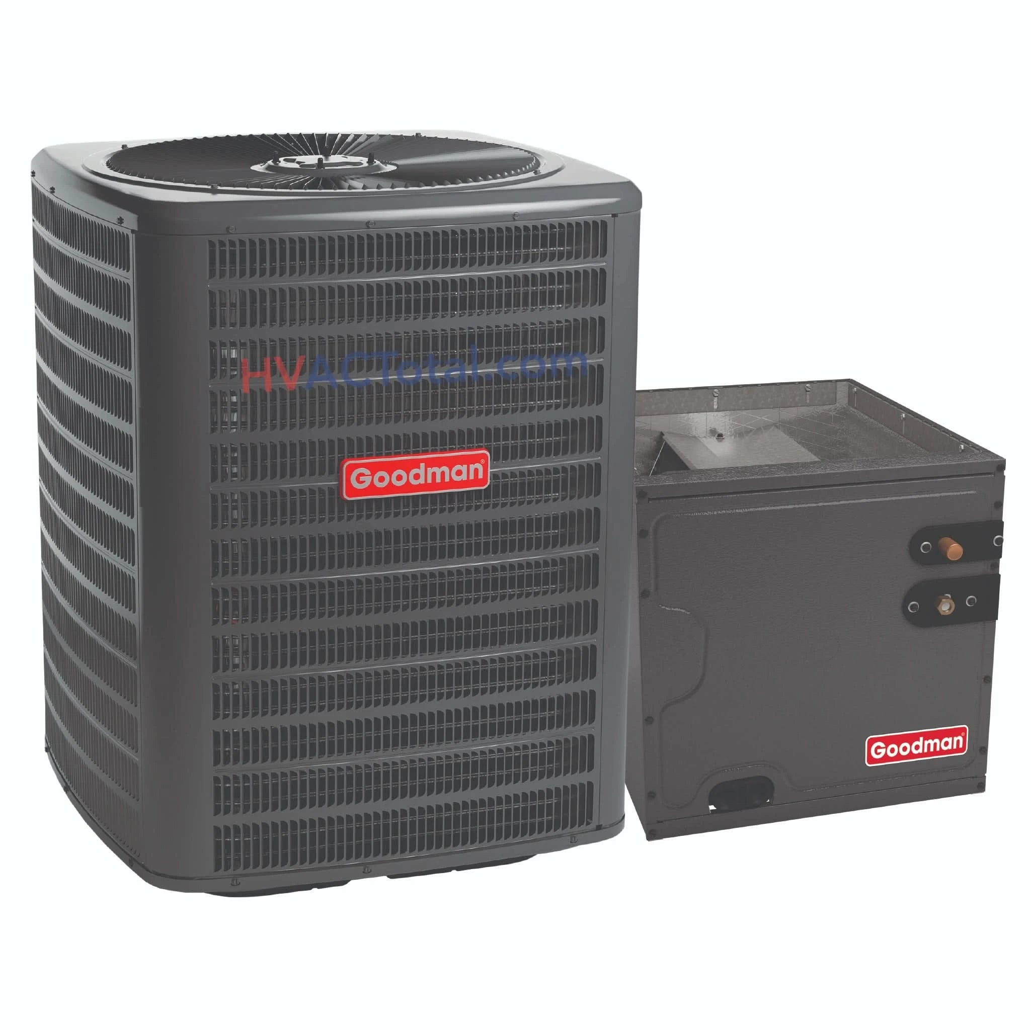 Goodman 5 Ton 13.4 SEER2 Air Conditioner with a 24.5-inch wide vertical cased coil system, using R32 refrigerant for efficient and powerful residential cooling.