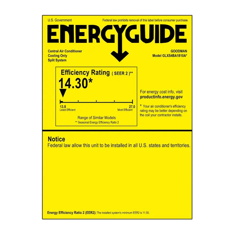 Nationwide Energy Guide 14.3 SEER2 GLXS5BA4810  CHPTA4830C3  GR9S801005CN
