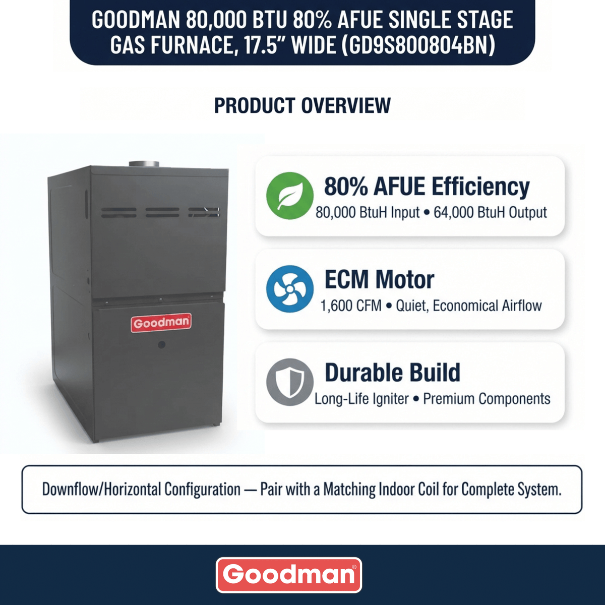 Goodman 80,000 BTU Gas Furnace 80% AFUE Single-Stage, 17.5" Wide, Downflow/Horizontal