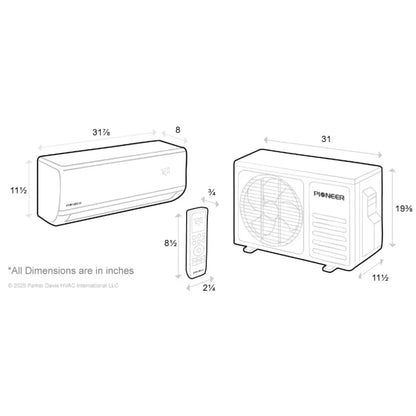 Pioneer Diamante Pro 12,000 BTU 20 SEER2 115V High-Wall Ductless Mini-Split Air Conditioner Inverter Heat Pump with 16 Ft. Kit WYT012ALSI20RL Dimension