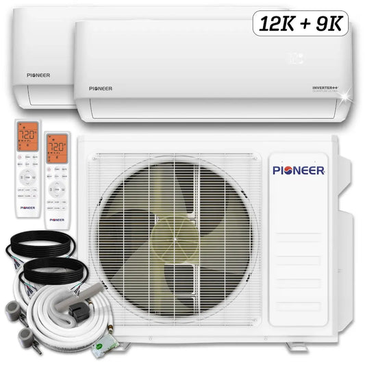 Pioneer Dual Split 21000 BTU 1.5 Ton Quantum Ultra Wi-Fi 24 SEER2 230V 2 Zone Wall Mount AC Heat Pump - 12K+9K WYT020GLSI24M2-12W-9W Complete Set