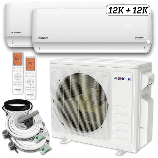 Pioneer Dual Split 24000 BTU 2 Ton Quantum Ultra Wi-Fi 24 SEER2 230V 2 Zone Wall Mount AC Heat Pump - 12K+12K WYT030GLSI24M3-12W-12W Complete Set