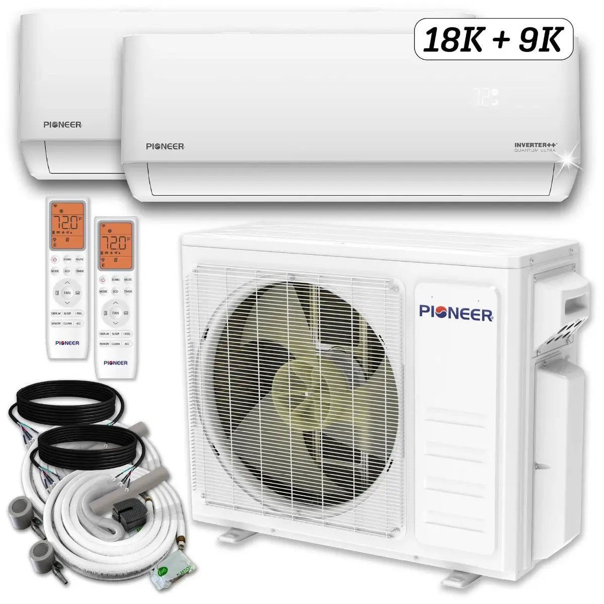 Pioneer Dual Split 27000 BTU 2.25 Ton Quantum Ultra Wi-Fi 24 SEER2 230V 2 Zone Wall Mount AC Heat Pump - 18K+9K WYT030GLSI24M3-18W-19W Complete Set