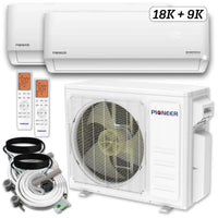 Pioneer Dual Split 27000 BTU 2.25 Ton Quantum Ultra Wi-Fi 24 SEER2 230V 2 Zone Wall Mount AC Heat Pump - 18K+9K WYT030GLSI24M3-18W-19W Complete Set