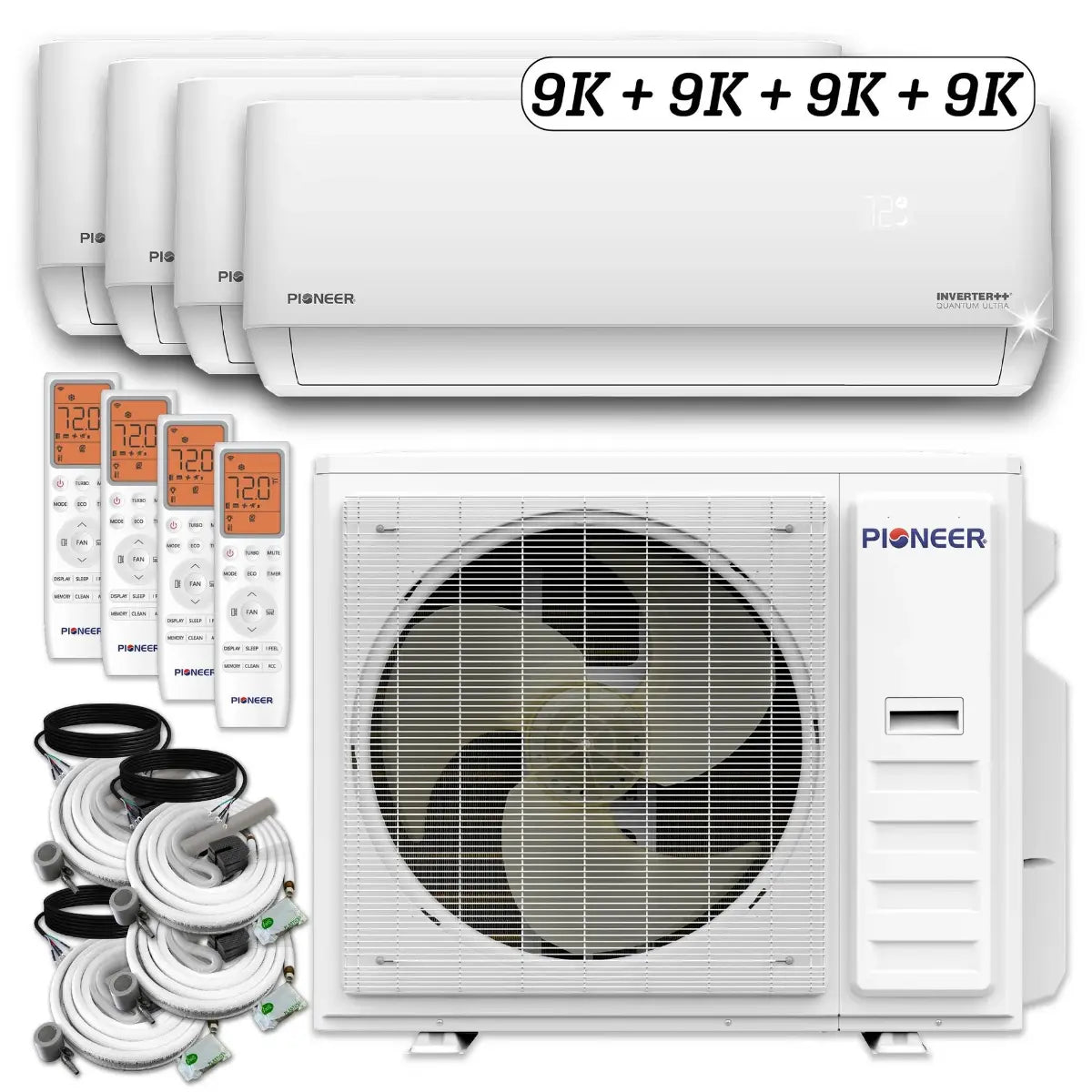 Pioneer Dual Split 36000 BTU 3 Ton Quantum Ultra Wi-Fi 22.5 SEER2 230V 4 Zone Wall Mount AC Heat Pump - 9K+9K+9K+9K - WYT040GLSI24M4 - HVACTotal