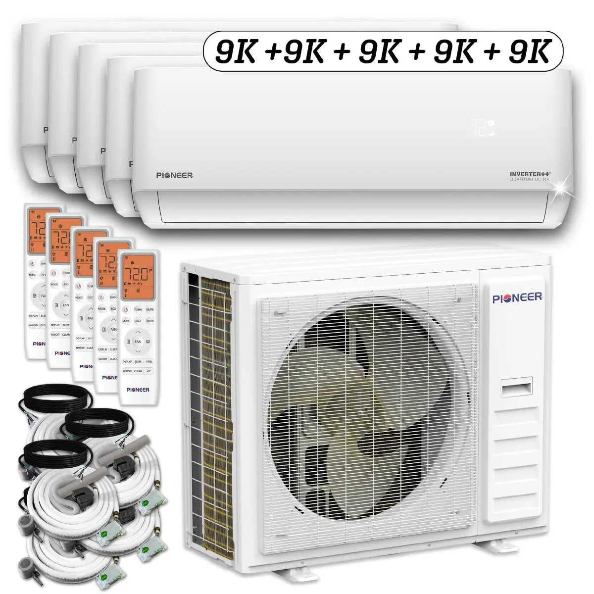 Pioneer Quint Split 45000 BTU 3.75 Ton Quantum Ultra Wi-Fi 22 SEER 230V 5 Zone Wall Mount Air Conditioner Heat Pump WYT050GLSI24M5-9W16-9W16-9W16-9W16-9W16 - HAVCTotal