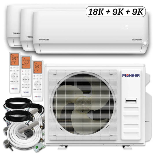 Pioneer Triple Split 36000 BTU 3 Ton Quantum Ultra Wi-Fi 22.5 SEER2 230V 3 Zone Wall Mount AC Heat Pump - 18K+9K+9K WYT040GLSI24M4-18W16-9W16-9W16 Full Set- HVACTotal