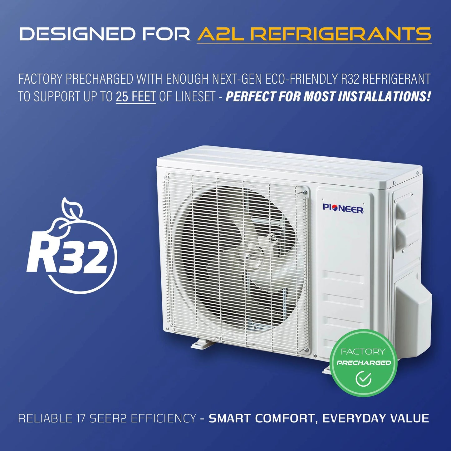 Pioneer® Diamante Essenza™ 11,500 BTU 17 SEER2 230V High-Wall Ductless Mini-Split Air Conditioner Inverter Heat Pump with 16 Ft. Kit WYT012GLUI17RL Designed with A2L Refrigerant