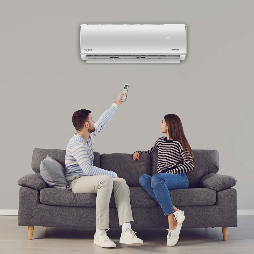Pioneer® Diamante Essenza™ 17,000 BTU 17 SEER2 230V High-Wall Ductless Mini-Split Air Conditioner Inverter Heat Pump with 16 Ft. Kit WYT018GLUI17RL CoupleUsingDiamanteEssenzaIndoor