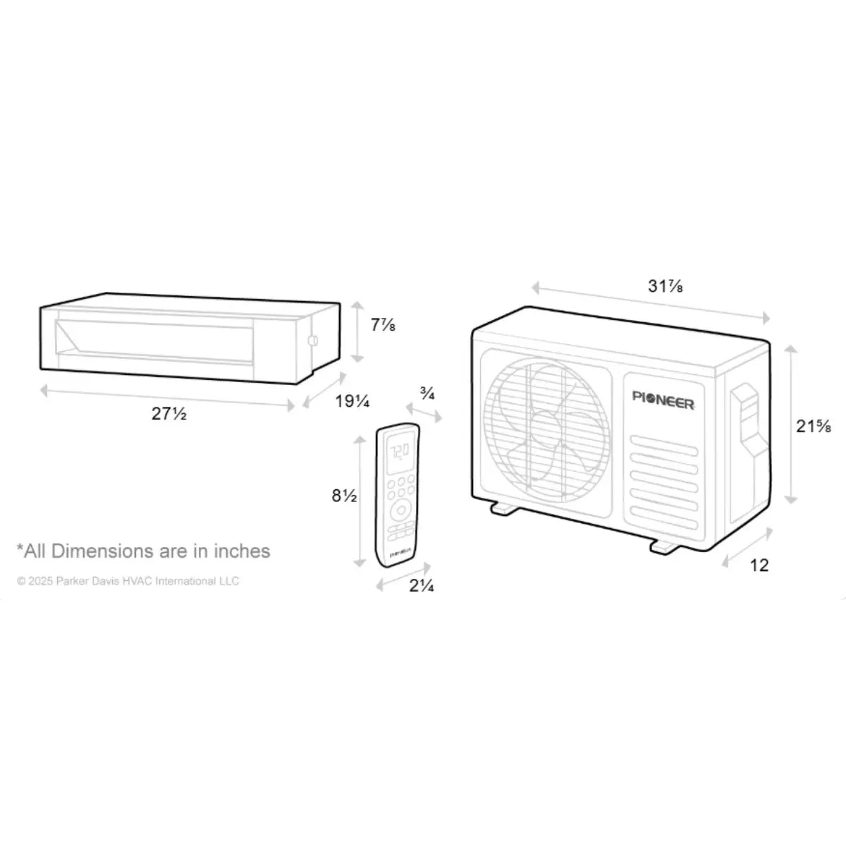 Pioneer® Quantum Ultra™ 11,000 BTU 19 SEER2 230V Ceiling Concealed Ducted Mini-Split Air Conditioner Inverter Heat Pump Full Set RYT012GLSI24RL - Dimension