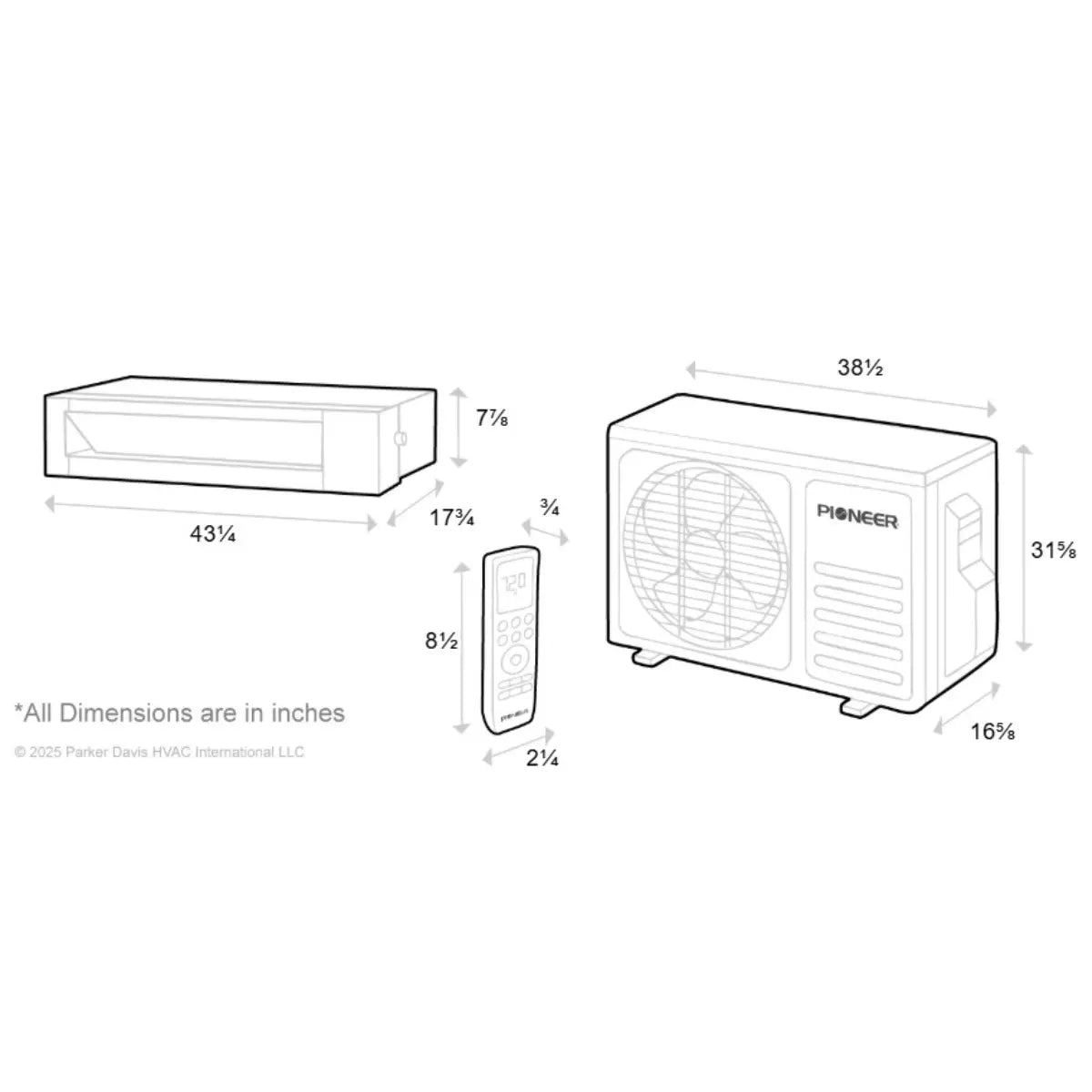 Pioneer® Quantum Ultra™ 22,000 BTU 19 SEER2 230V Ceiling Concealed Ducted Mini-Split Air Conditioner Inverter Heat Pump Full Set RYT024GLSI24RL - Dimension