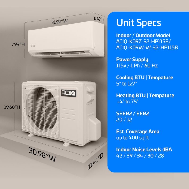 9,000 BTU ACiQ Essentials 20 SEER2 Single Zone Wall Mount Mini Split Heat Pump System w/16 Ft. Line Set - R32 | 115V