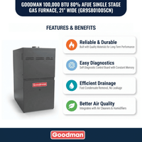 Goodman 100,000 BTU Gas Furnace 80% AFUE Single Stage, 21" Wide, Upflow/Horizontal