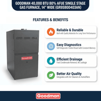 Goodman 40,000 BTU Gas Furnace 80% AFUE Single-Stage, 14" Wide, Upflow/Horizontal
