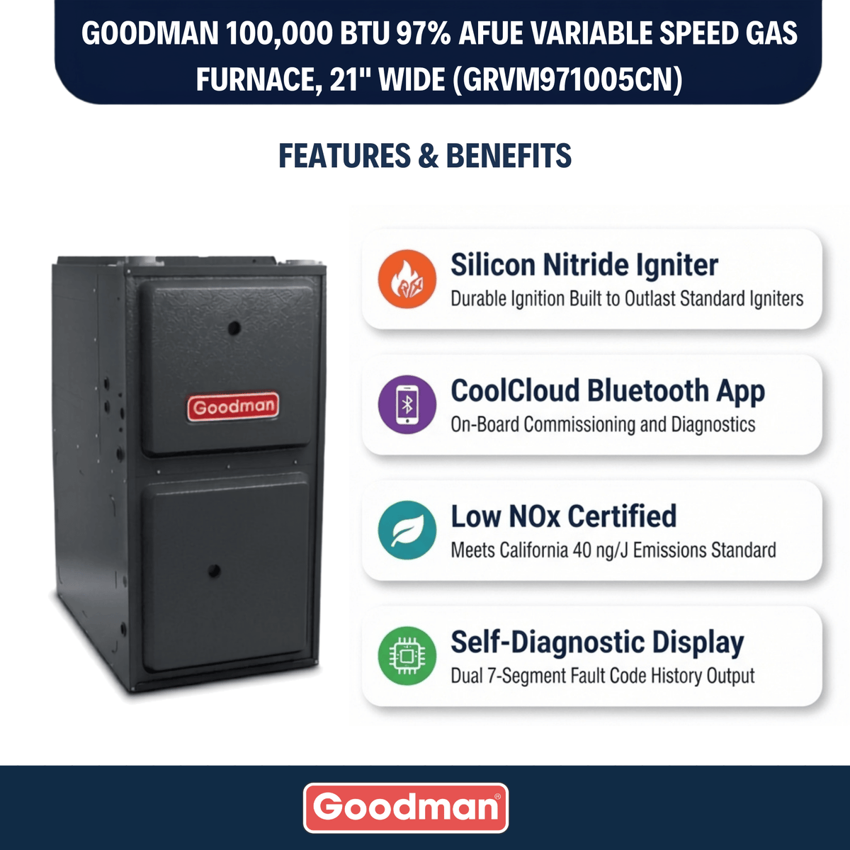 Goodman 100,000 BTU Gas Furnace 97% Modulating Variable Speed, 21" Wide, Upflow/Horizontal