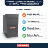 Goodman 40,000 BTU Gas Furnace 80% AFUE Single-Stage, 14" Wide, Downflow/Horizontal